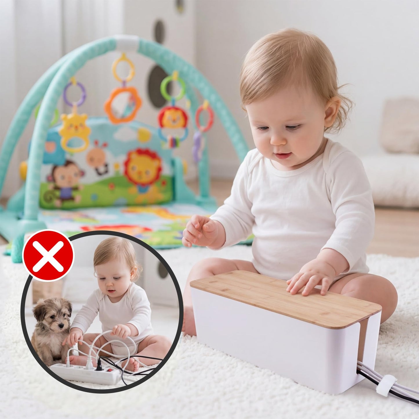2 Pack Cable Management Box - Cord Organizer Box with Wooden Lid for TV Wires, Power Strips, Router, USB Hub & Under Desk Power: Baby & Pet Proof Cord Management, Cord Hider for Home & Office (White)