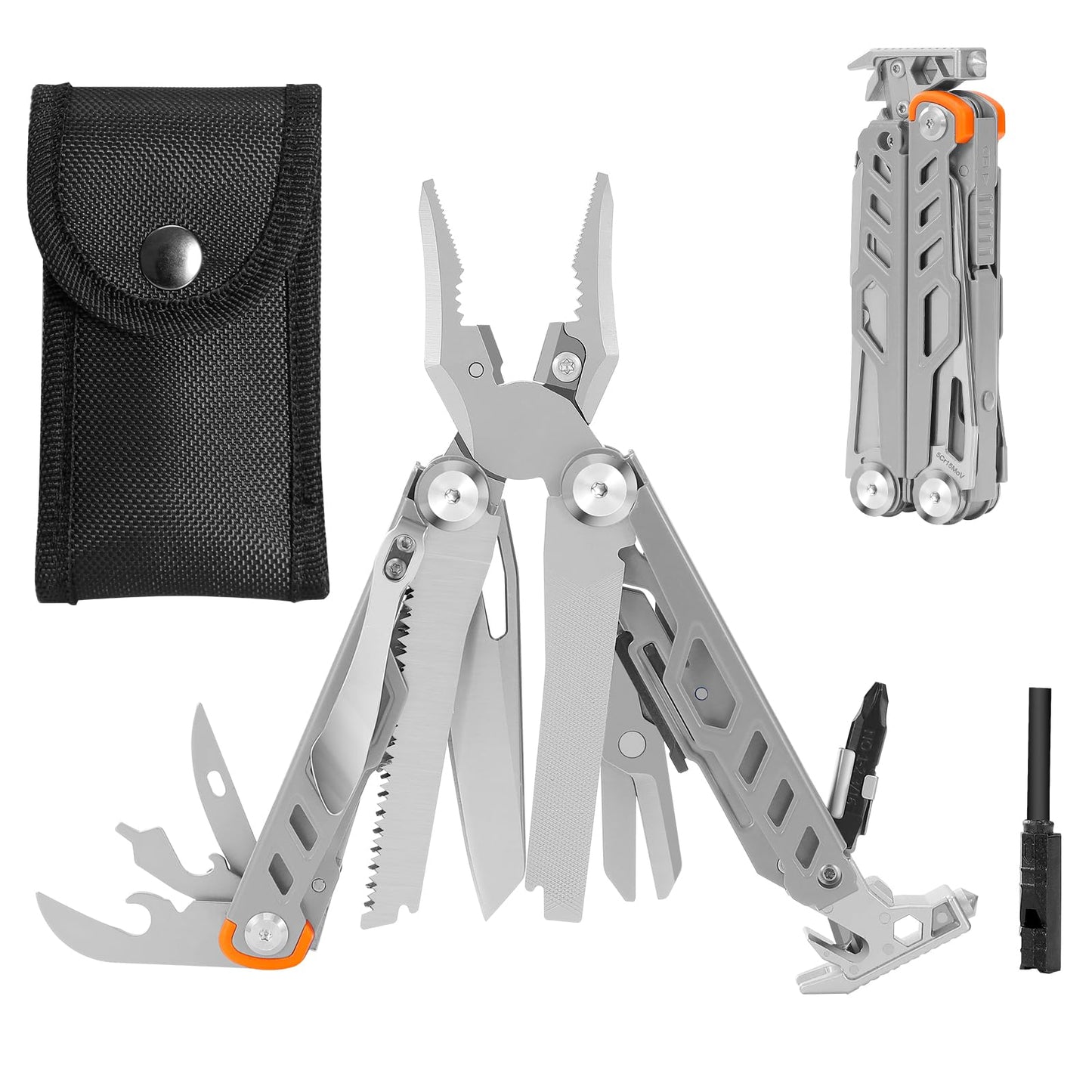 HANSHI Multitool Pliers, 22-in-1 YG10 Tungsten Steel Multi Tool with Scissors,Replaceable Wire Cutters, Flint, Window Breaker, Back Clip,Ideal for Camping, Survival and Gift(Silver)