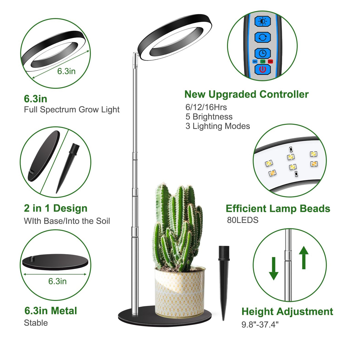 Aokrean Grow Lights for Indoor Plants Full Spectrum, 80 LEDs Plant Light for Indoor Plants, Height Adjustable 6.3in Desktop Growing Lamp with Auto Timer 6/12/16Hrs, 3 Optional Spectrums,5 Brightness