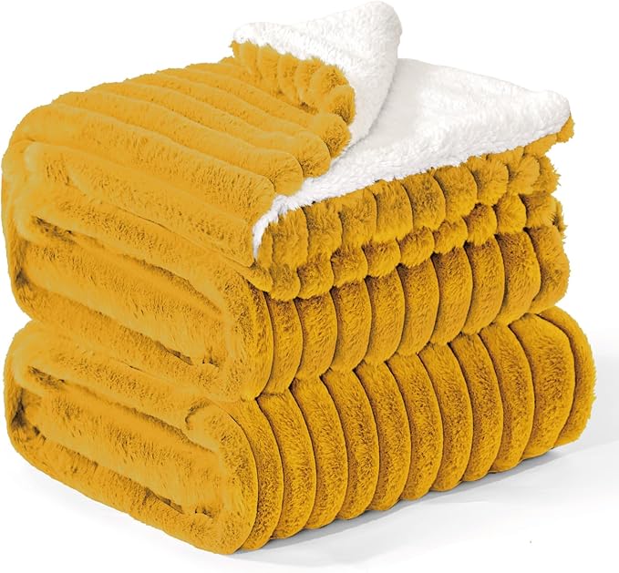 INFIIXSO Sherpa Throw Blanket for Couch - Super Soft & Warm Striped Fleece Blanket, Cozy Plush Fluffy Blanket All Season Use (Mustard Yellow, 50x60 Inches)