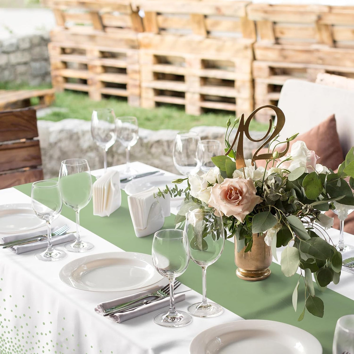 1Pcs White and Sage Green Tablecloth Decorations,Plastic White Table Cloth Printed Green Table Runner Disposable Rectangle Tables Cover for Birthday Wedding Anniversary Graduation Party,54 x108 Inch