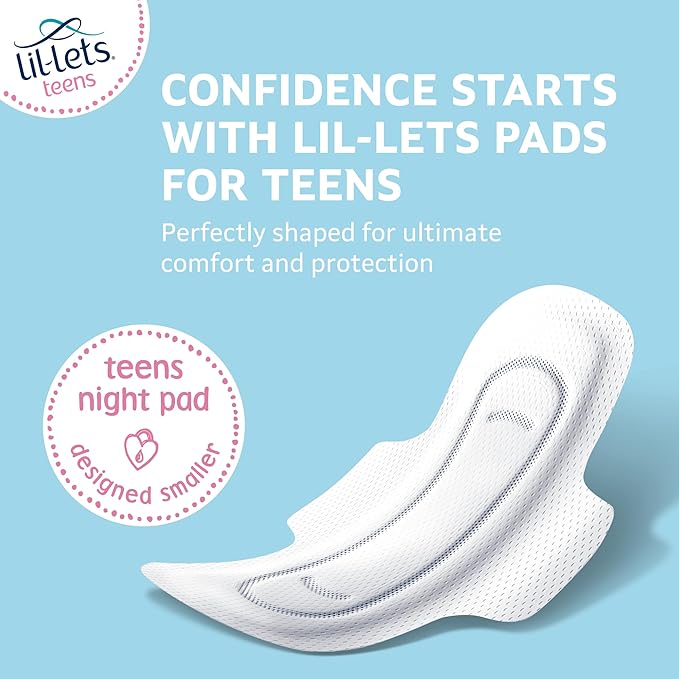 Lil-Lets Teens Night Pads with Wings - 50 Count Period Pads - Thin, Super Absorbent Sanitary Napkins, Soft & Breathable, Fragrance Free - First Periods, Heavy Flow Nights