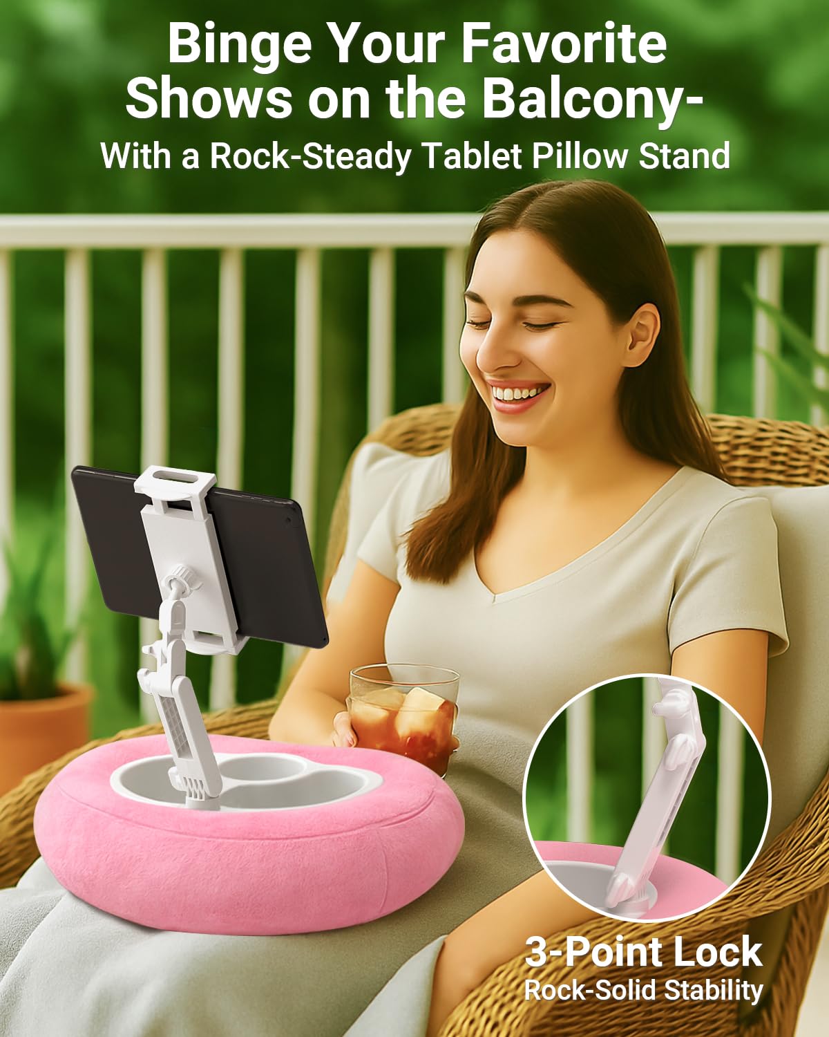 Tablet & Kindle Pillow Stand for Bed, Adjustable iPad Holder for Couch and Lap with 2 Snack Bowls, Cup Holder, 50 Disposable Liners and Washable Cover, Pink