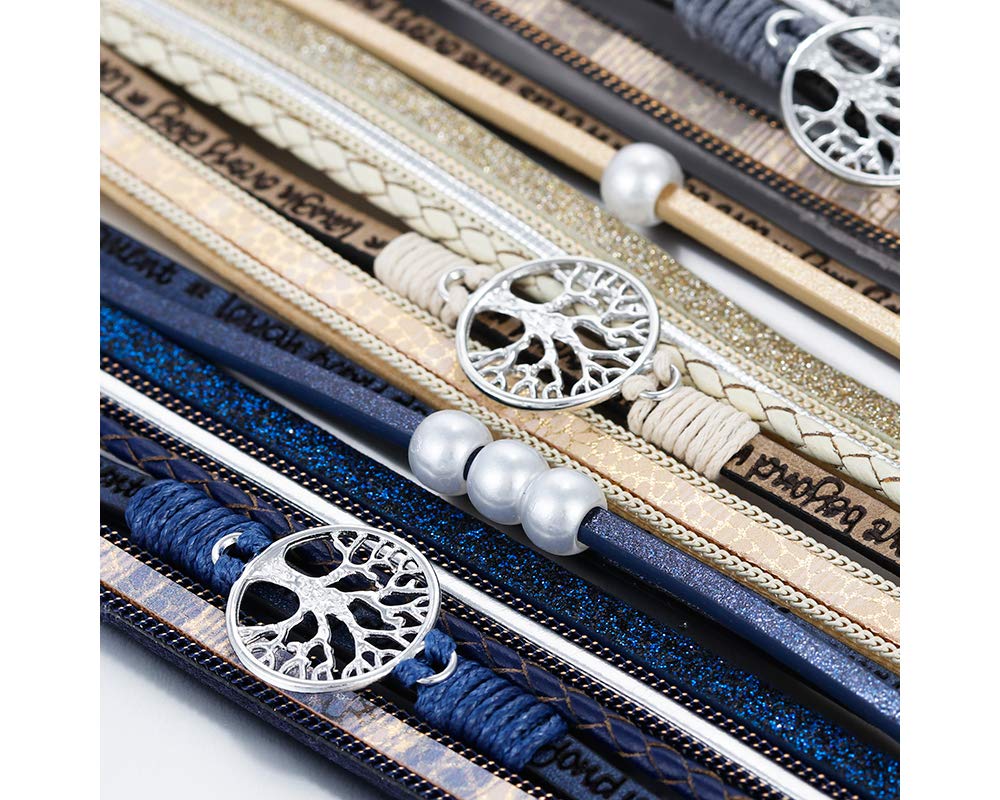 Fesciory Leopard Bracelet for Women, Boho Leather Wrap Multi-Layer Pearl Crystal Bracelet Bangle Jewelry(Tree of Life(Blue))