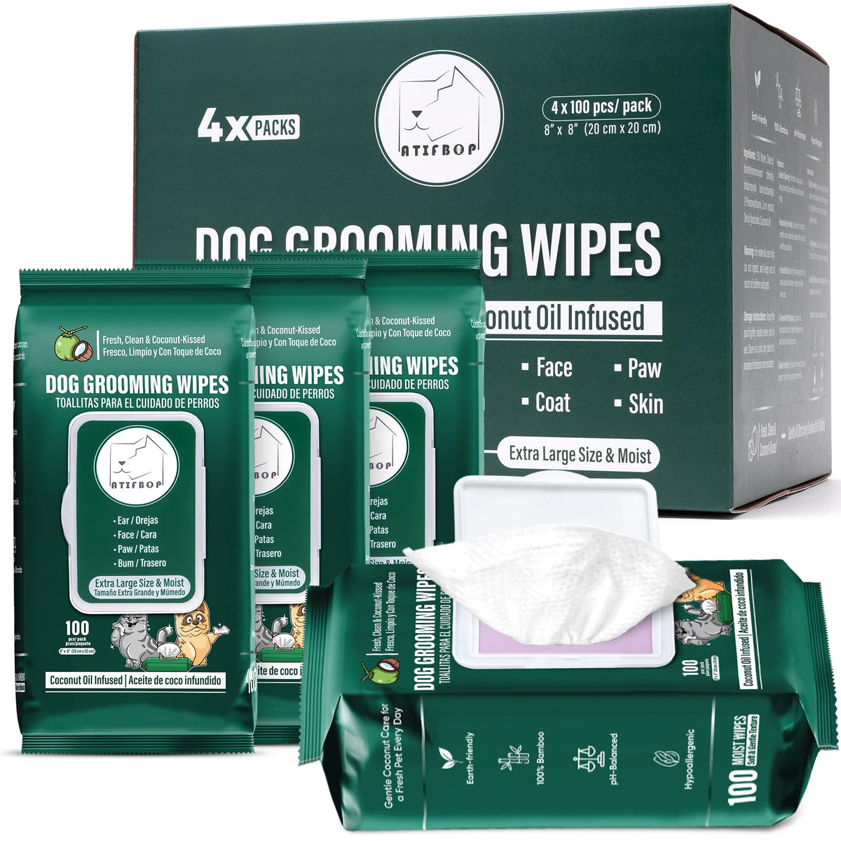 ATIFBOP Dog Wipes for Paws and Butt, 400 ct, Coconut Scented