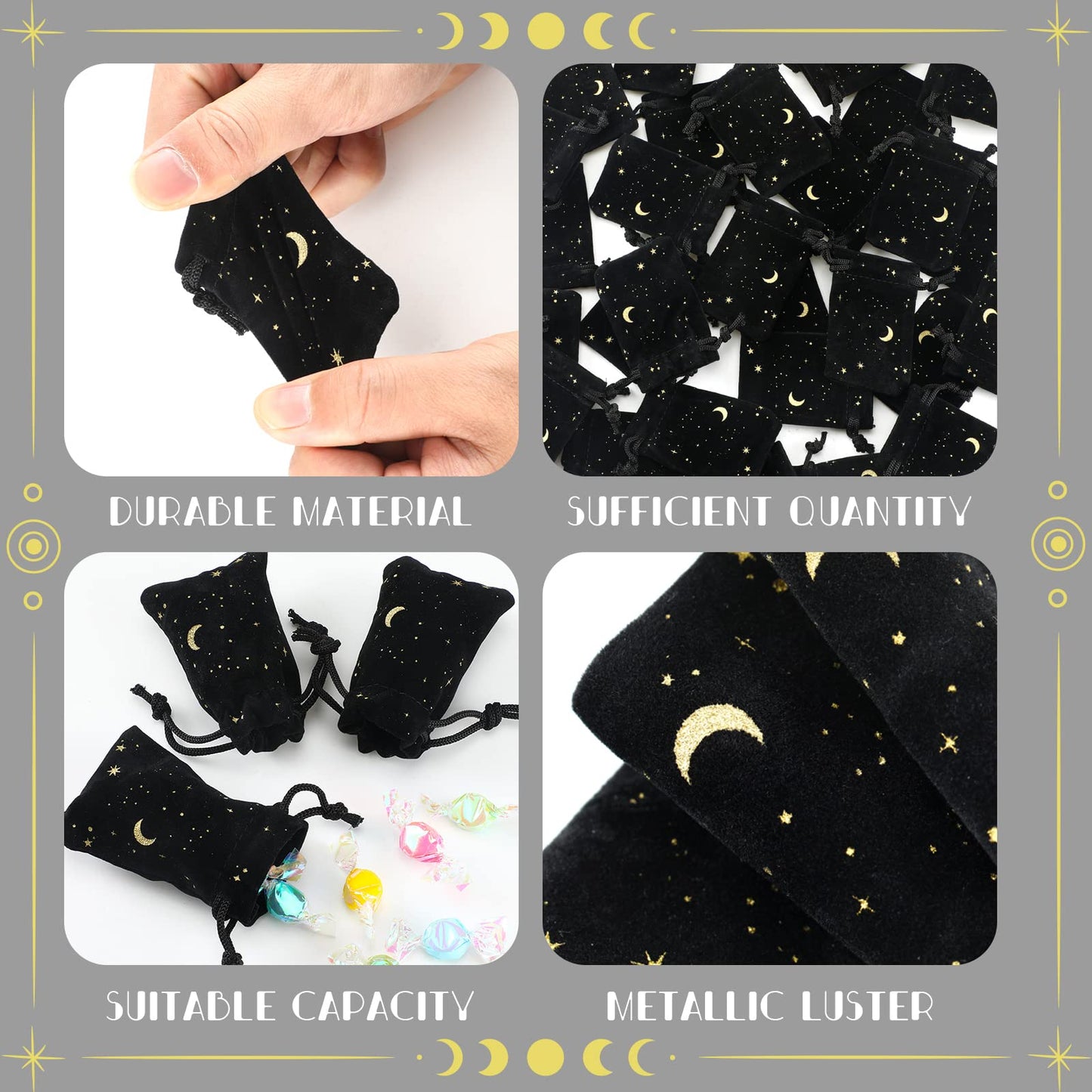 Hillban 30 Pcs 2 x 3 Inch Small Black Velvet Drawstrings Bags Bulk for Jewelry Moon Star Pouch with Drawstrings Jewelry Bags for Tarot Gift Packaging Graduation Wedding Anniversary Eid Mubarak