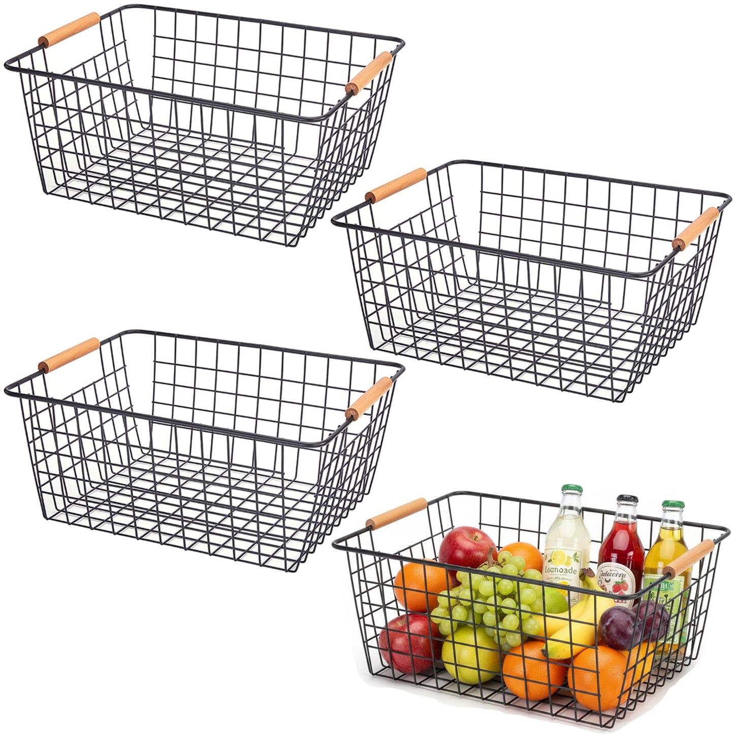 HDYOUDO 4 Pack Black Large Wire Baskets for Organization Metal Wire Food Storage Basket Organizer with Wooden Handles for Organizing Kitchen Cabinets