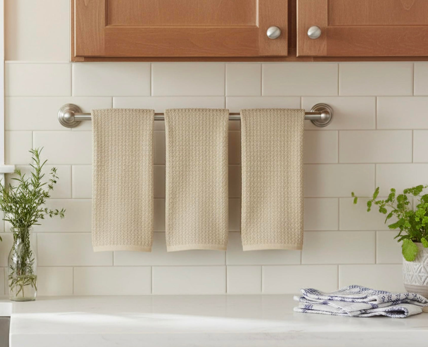 Serafina Home Tan Beige Kitchen Dish Hand Towels 100% Cotton Waffle Cloth Soft Cleaning Drying Absorbent Terry Box Loop: Set of 3 Multipurpose for Everyday Use Oversized 16" x 28"
