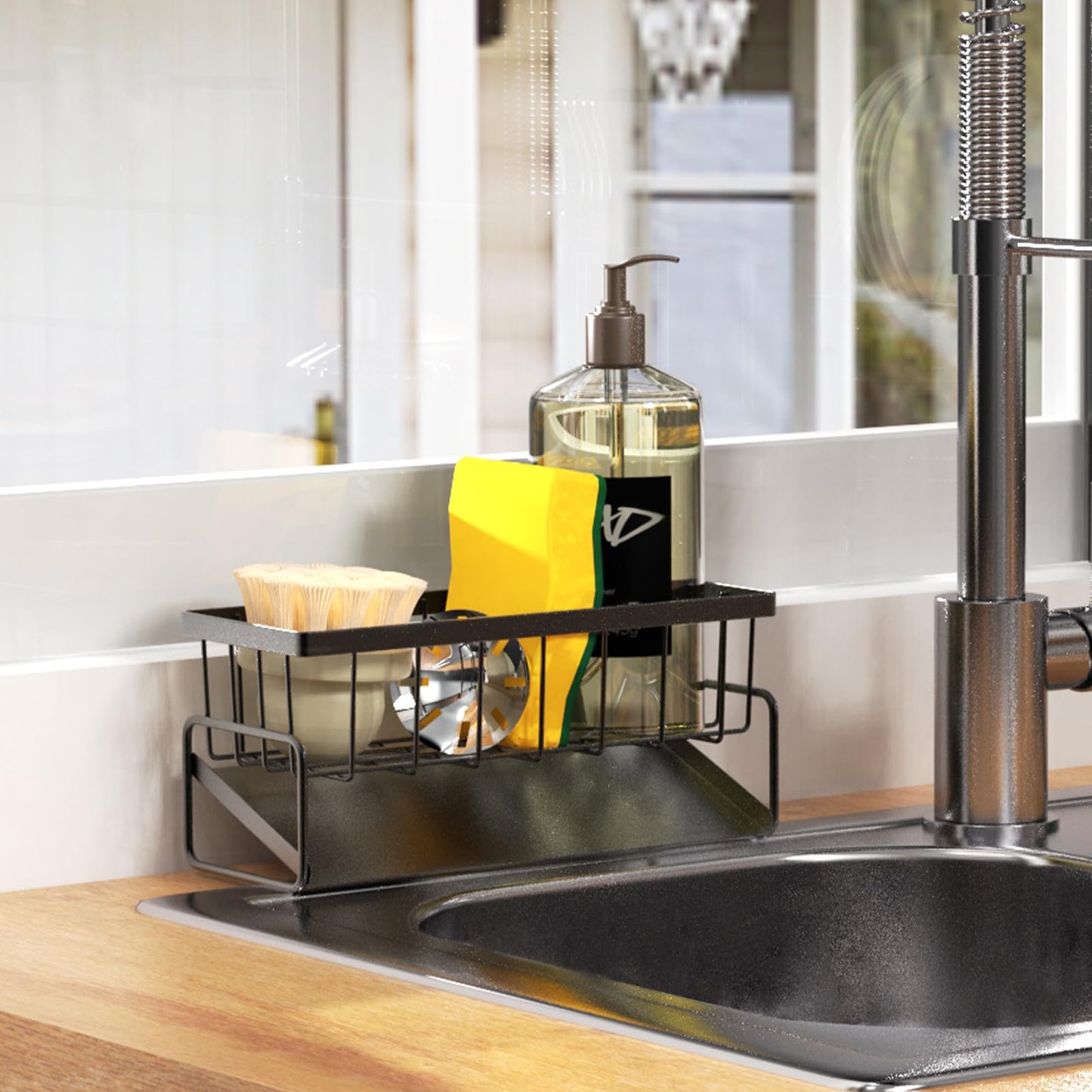 KABUM Sponge Holder Drain Rack for Kitchen Sink - 4-in-1 Organizer Holds Sponge, Soap, Stopper & Mini Brush, 9” Long Rustproof Carbon Steel Tray, Essential Kitchen Storage for a Tidy countertop, Grey
