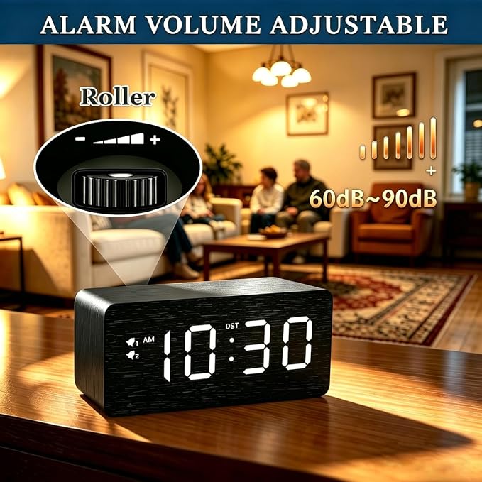URAYCO Wood Digital Alarm Clock with 10W Fast Wireless Charger, USB Charging Ports, DST, Dimmable, Snooze, Large Number LED Display for Bedrooms, Desk, Living Room Table, Bedside, Nightstand (Black)