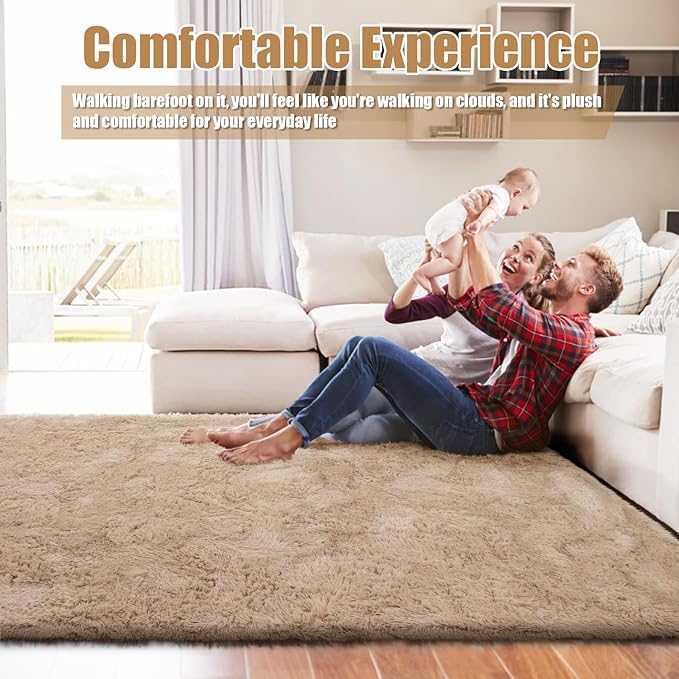 Ultra Soft Fluffy Area Rugs for Bedroom Living Room 10x14, Nursery Rug, Non-Slip Carpet for Kids Dorms Decor, Shaggy Bedside Rug, Beige