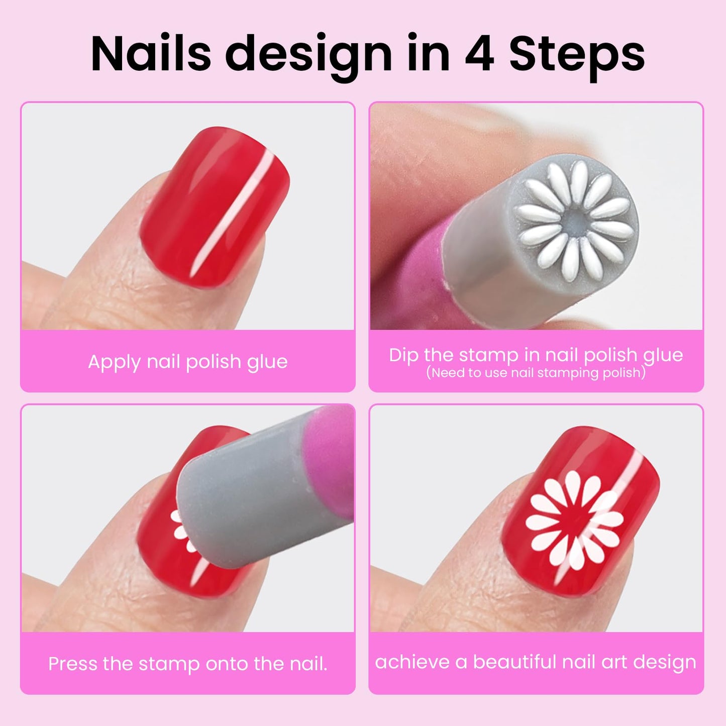ESUOHYM Nail Art Stamp Pen Set Butterfly Flower Nail Stamper Pen 3s Quick Nail Art Tools with Different Patterns, For Beginner DIY Salon Manicure (Rose Red, Large Pack)