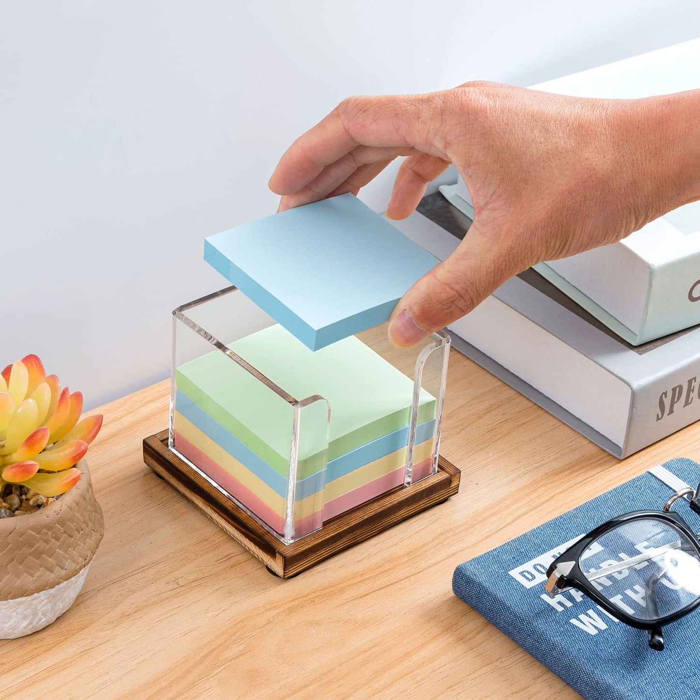 MyGift Acrylic Sticky Note Holder Dispenser with Removable Rustic Burnt Solid Wood Tray, 3-Inch Square Office Desktop Self-Stick Memo Pad Storage Cube