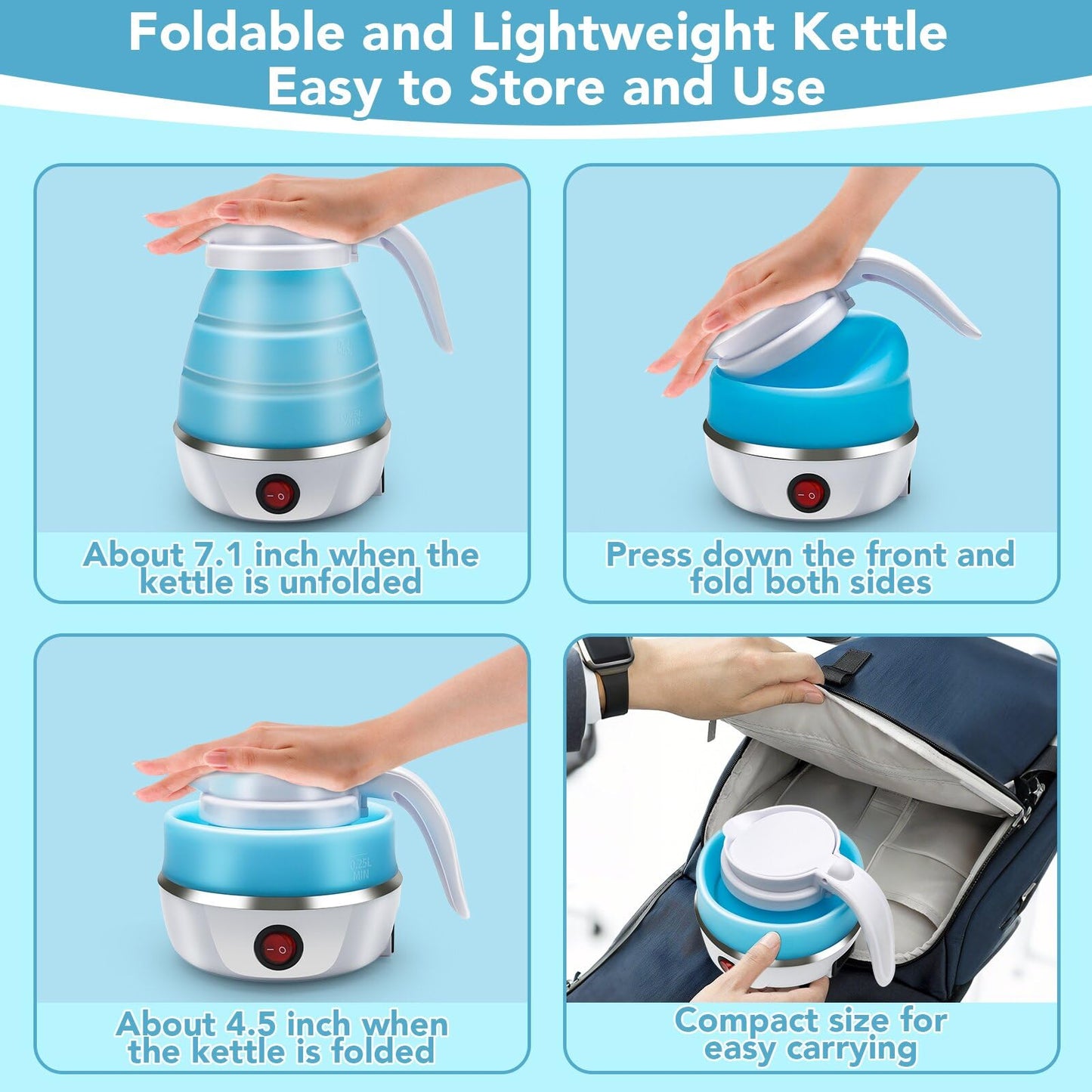 Travel Kettle Electric Small Foldable Portable Kettle,Silicone Collapsible Heating Water Boiler Tea Pot for Camping,Easy for Storage with Separable Power Cord (Blue pro)