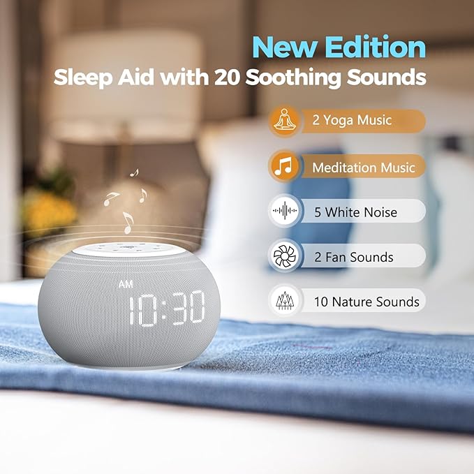 REACHER Auto-Dimmable Sound Machine Alarm Clock with 20 Sounds&Night Light | Auto-dimming LED display, 20 soothing sounds, sleep timer, precise volume, night light, white noise soother for bedrooms