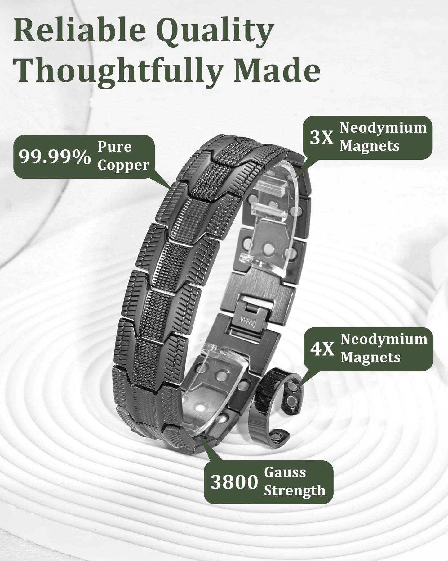 Fashtour 3X Copper Bracelet for Men Triple Ultra Strength Magnets, Masculine Design Pure Copper Magnetic Bracelet & Ring Set, Adjustable Length with Sizing Tool (Gunmetal)