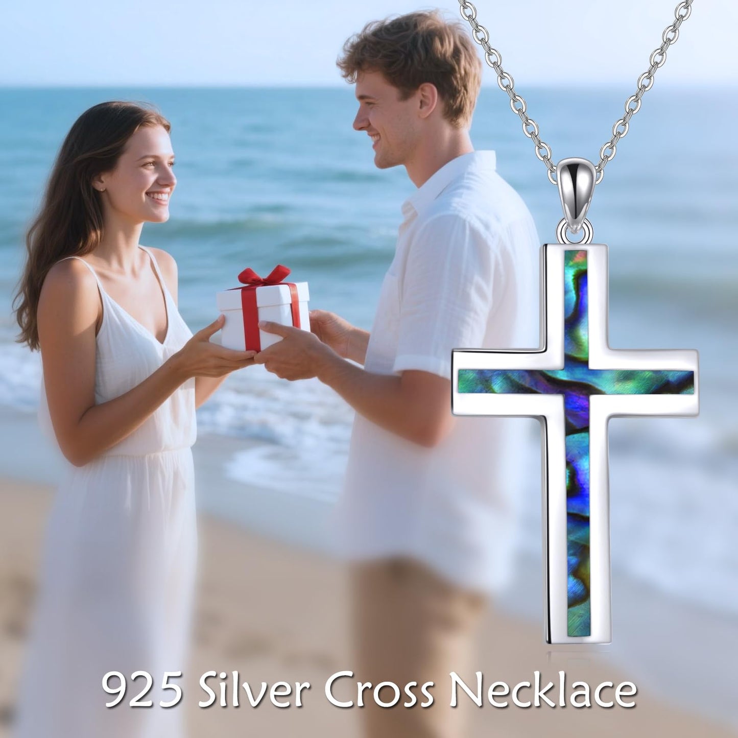 YFN Cross Necklace Sterling Silver Abalone Shell Cross Pendant Religious Jewelry Gift for Women Men
