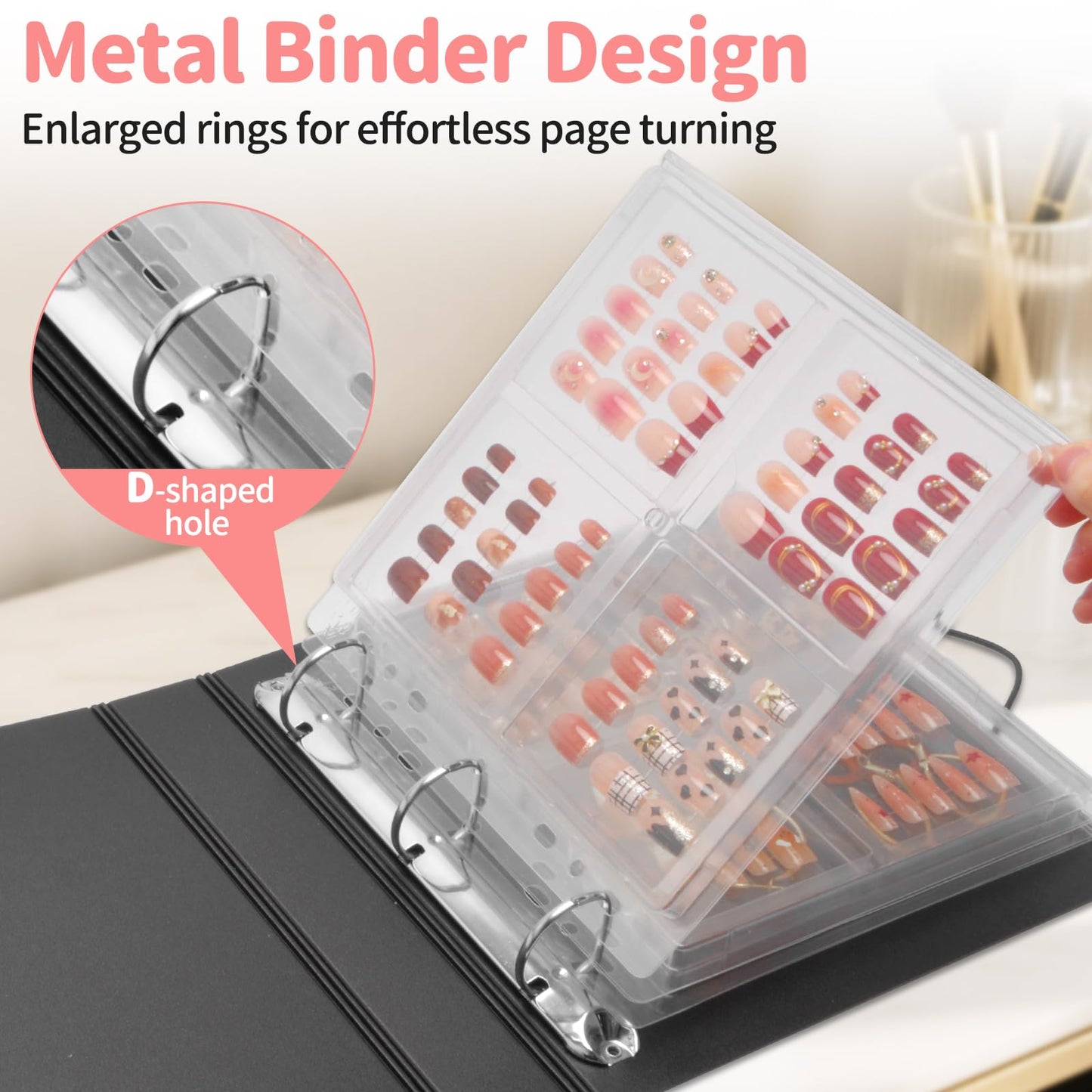 CGBE Press On Nail Organizer: Upgraded Dust & Crush-Resistant Protection, Removable D-Ring Binder Pages, Press On Nail Storage with Nail Tape