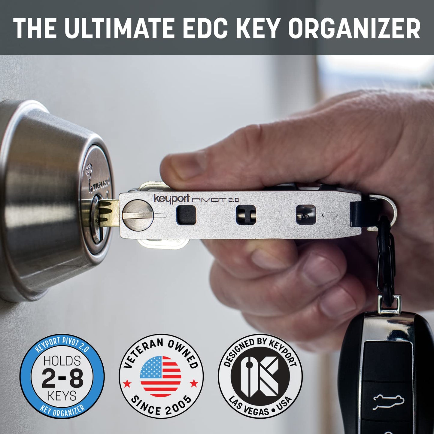 Keyport Pivot 2.0 Key Organizer - EDC Key Holder with Car Key Fob Attachment and Lost & Found Service - Compact, Customizable Modular Design - Keychain Alternative Gift for Men - Aluminum (Silver)