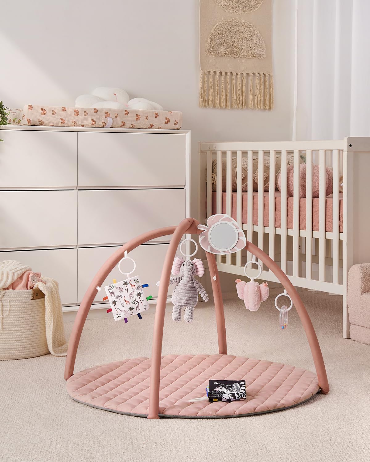 Blissful Diary Baby Play Gym Mat, Tummy Time Activity Mat with 6 Detachable Toys for Skill Development, Baby Essentials Gift, Soft Pink