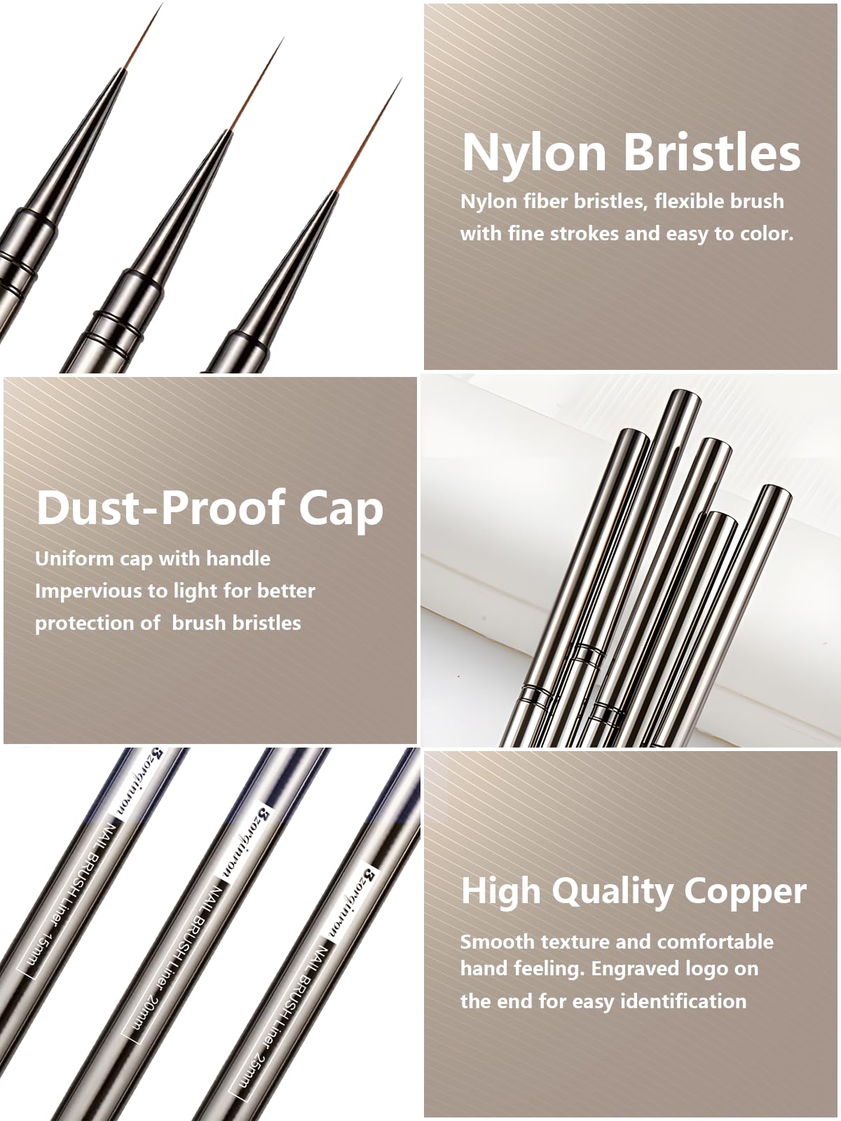 Nail Liner Brush, Fine Line Nail art Brushes 5/9/15/20/25mm Thin Line Nail Brushes Detail Drawing, Liner Brush for Nails Gel with PP Storage Box