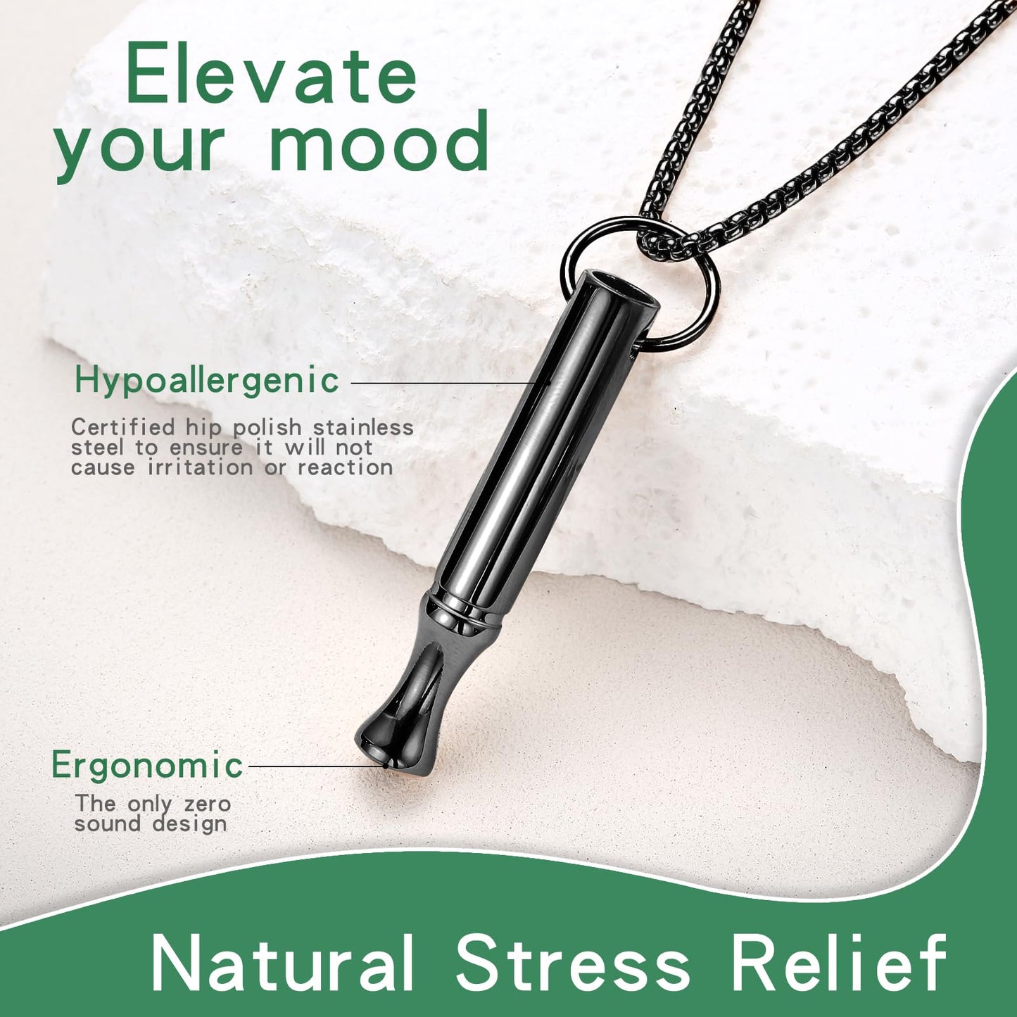 hooppoo Breathing Necklace for Calm & Focus - Personal Essential Oil Diffuser for Anxiety Relief, Quit Smoking, Yoga and Meditation - Reusable Stainless Steel Pendant for Women Men (Black)