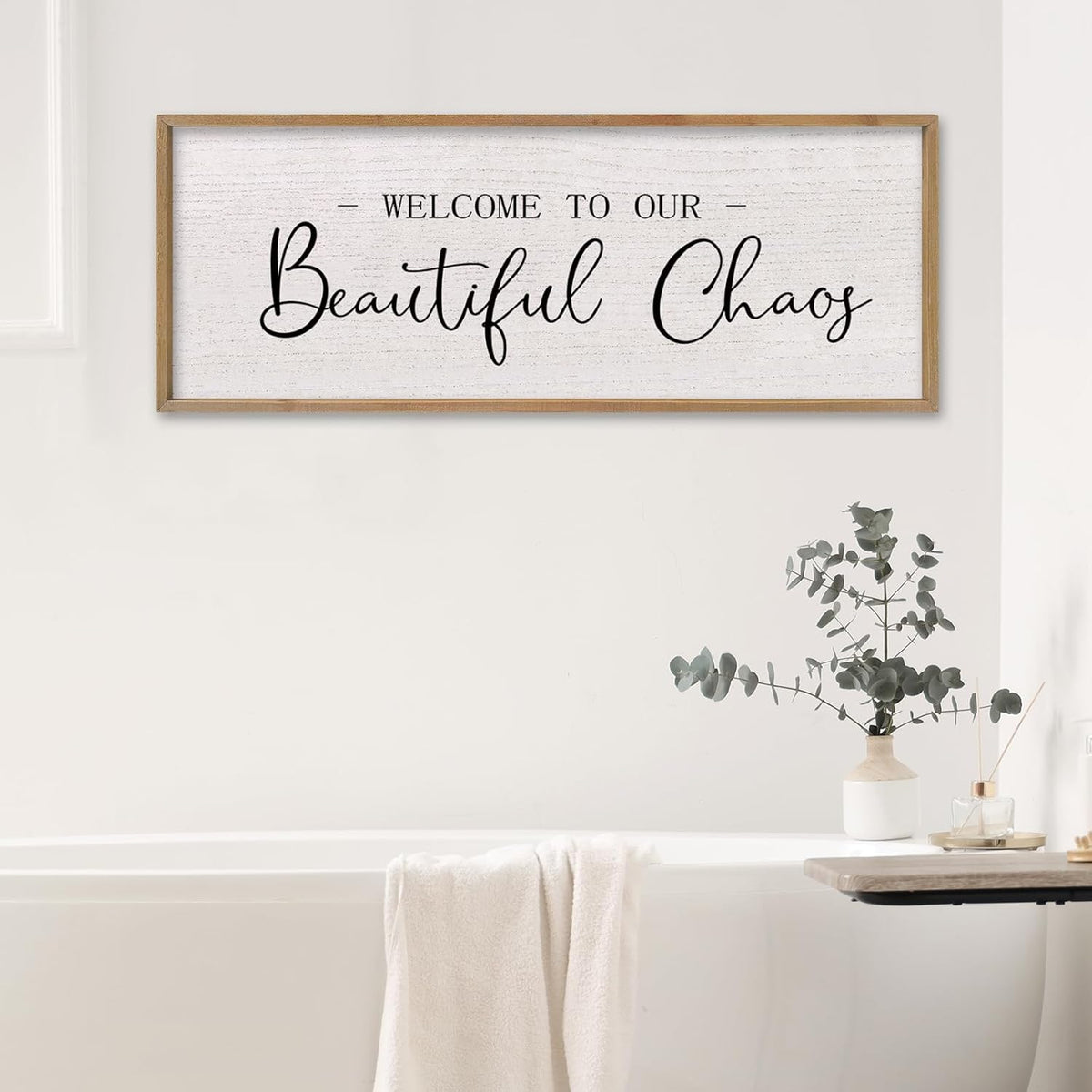 comurdyo Welcome To Our Beautiful Chaos Wall Decor Art 40"X15" for Home Entryway Sign Large Wood Framed Wall Hanging (Wood)