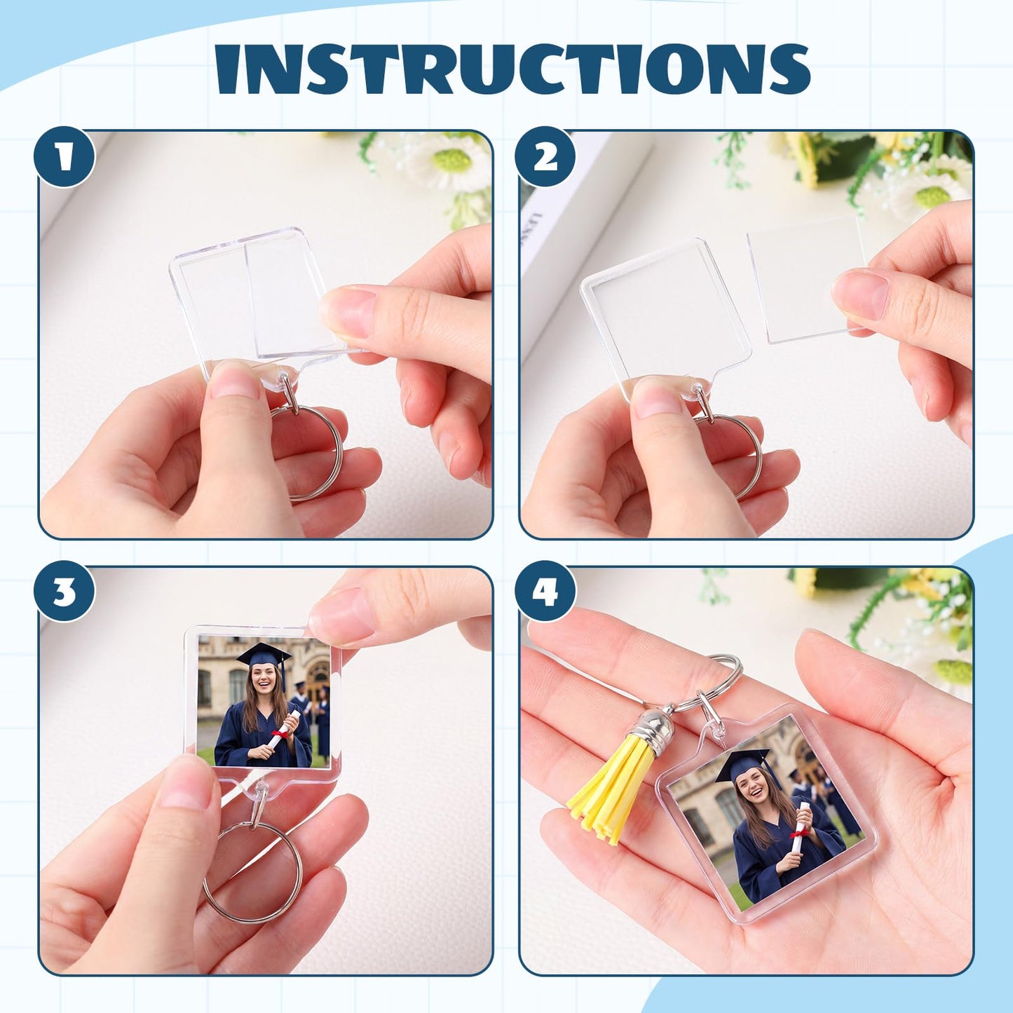 Yaomiao 120 Set Acrylic Photo Keychain with Tassel Clear Blank Custom Keychain Frame Holder Insert Picture Keyring Making Kit (Square)