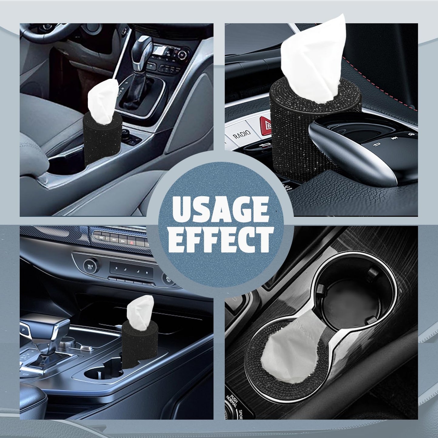 Bling Car Tissue Holder for Cup Holder – Sparkly Rhinestone Round Tissue Dispenser with 1 Pack Tissues – Fits Standard Auto Cup Holders – Stylish Car Interior Accessory for Women(Black)