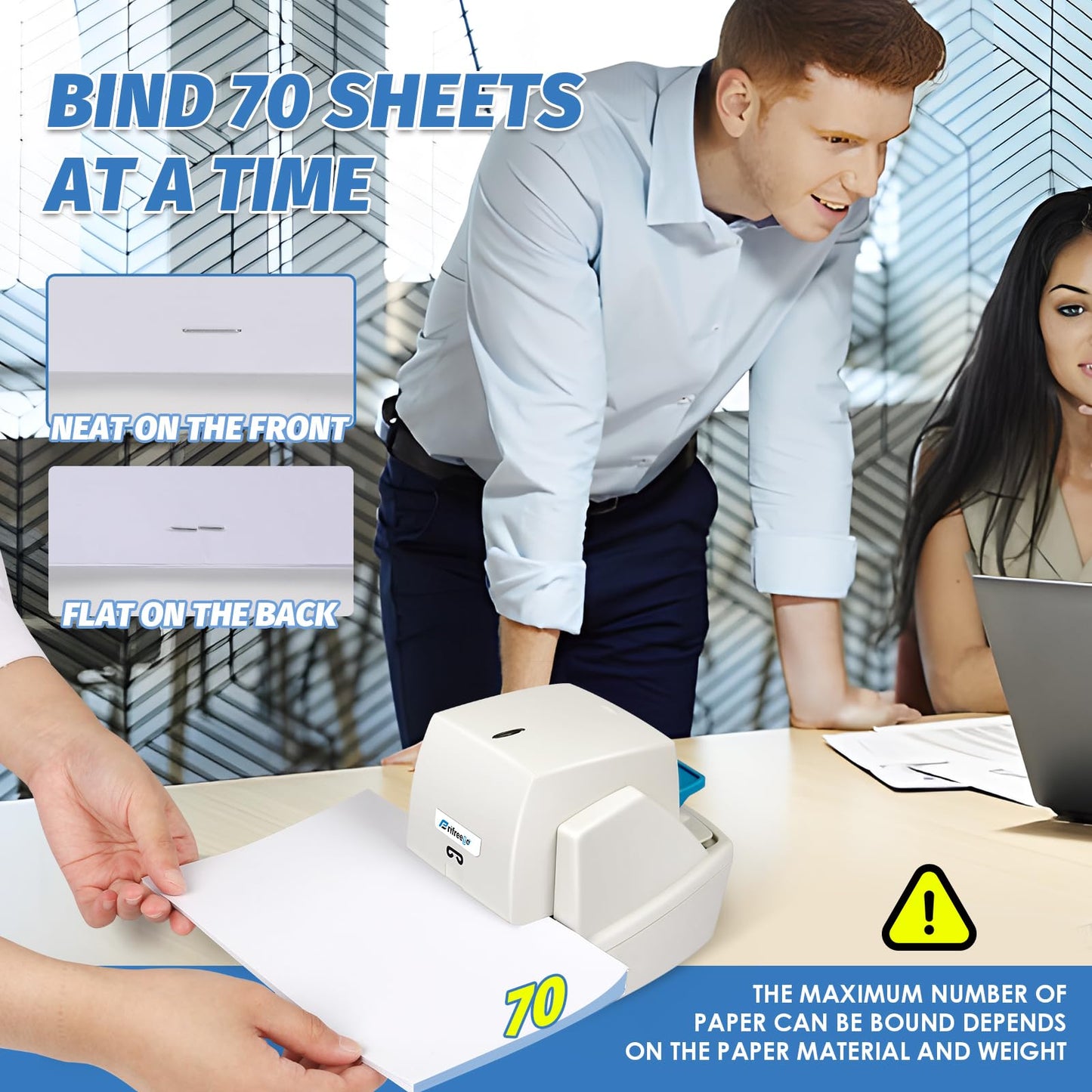 Frifreego Heavy Duty Electric Stapler, 70 Sheets 60g Paper Capacity, Automatic Flat-Clinch Stapler, Quiet and Anti-Jam for Office/School, with 5500 Staples