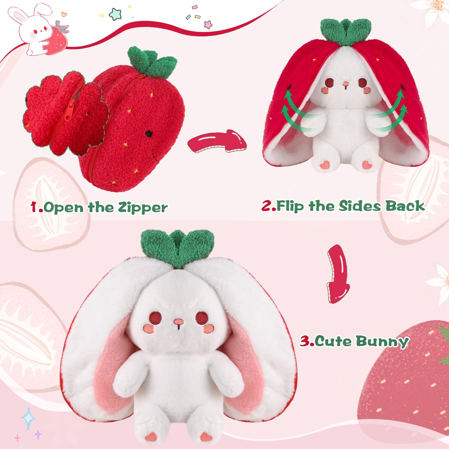 MIAODAM Easter Strawberry Bunny Plush Toy- Cute Soft Huggable Stuffed Animal for Kids & Collectors, Birthday Present & Nursery Decor 10inch