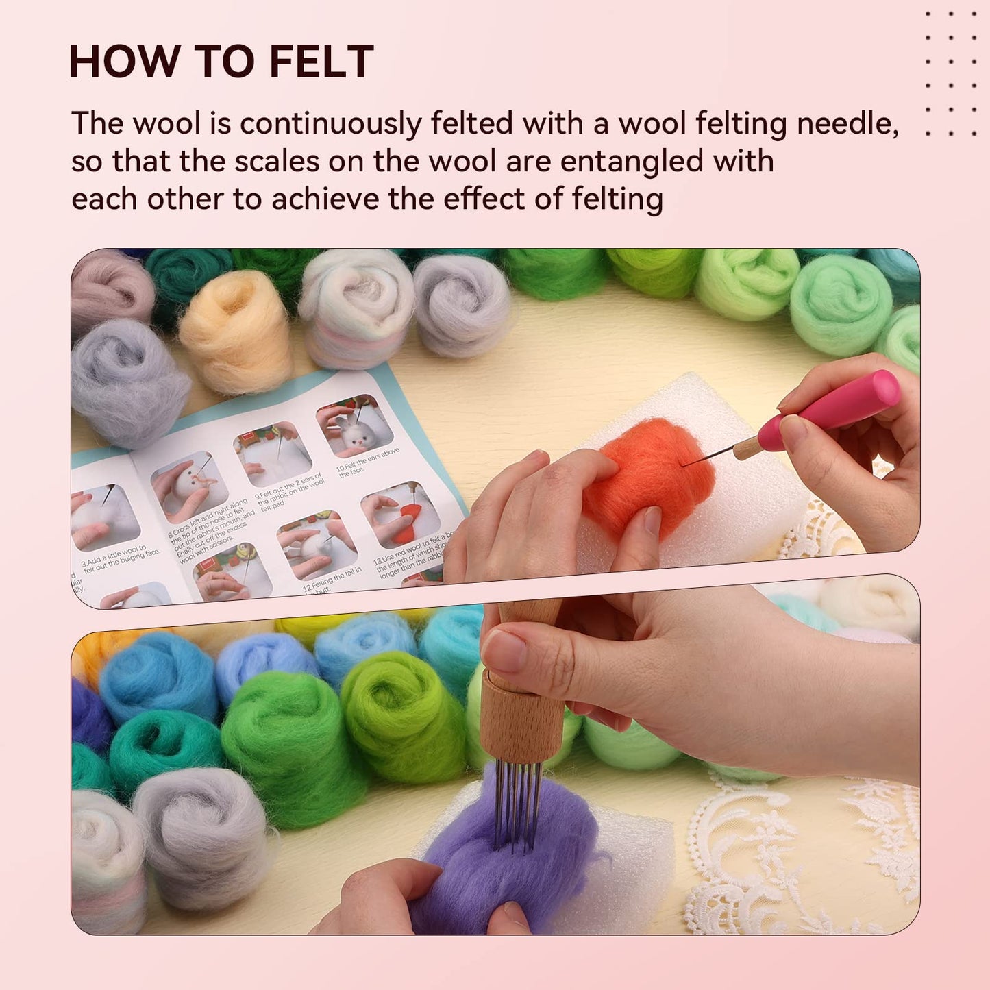 JUPEAN 96Pcs Needle Felting Wool 10.4 oz Wool Roving Yarn Needle Felting Kit with 4-Layer Transparent Storage Box for DIY Hand Spinning and Creations, 3g/Color