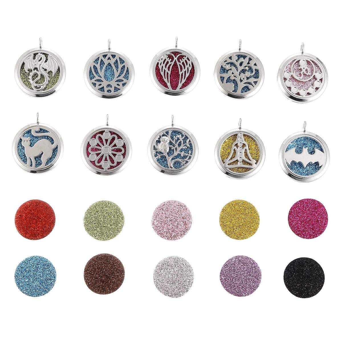 Vie jeune 10pcs Mixed Dragon Angel Wings Pendant Aroma Diffuser Charms Stainless Steel Tone Perfume Essential Oil Diffuser Necklace Pendant Locket Jewelry (Style 6)