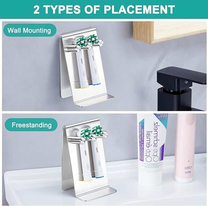 Electric Toothbrush Head Holder, Self Adhesive or Desktop Tooth Brushing Holder, Wall Mounted Toothbrush Holders Shower Bathroom, Tooth Brush Holder Organiser (Silver, Small)