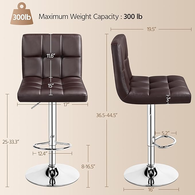 Yaheetech Bar Stools Set of 2, Adjustable PU Leather Swivel Barstools, Modern Counter Stools with Back and Footrest, Counter Height Barstools for Bar, Kitchen, Dining Room, Brown