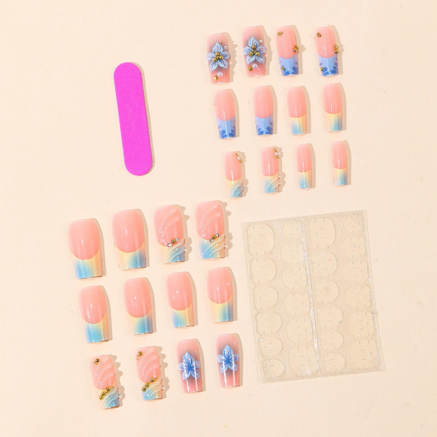 Medium Press on Nails Square Fake Nails Blue Artificial Nail Floral French Tips 3D Flower Gold Bead Rhinestone Glossy Ocean Fresh Stick on Nail for Women 24pcs