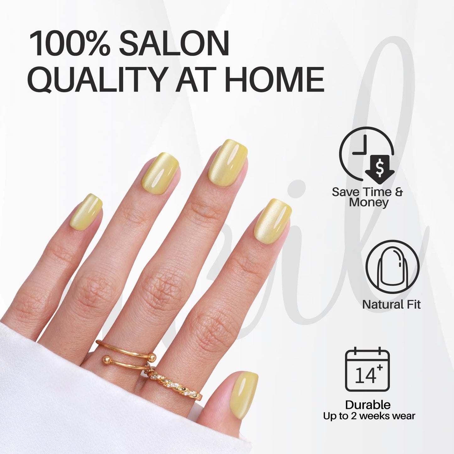 Pastel Yellow Press on Nails Short - SHANGMENG Soft Gel Spring Cat Eye Press on Nails Square for Women Gift, Glossy Glue on Nails in 16 Sizes - 32 Reusable Fake Nails Kit with Glue, Butter Cream