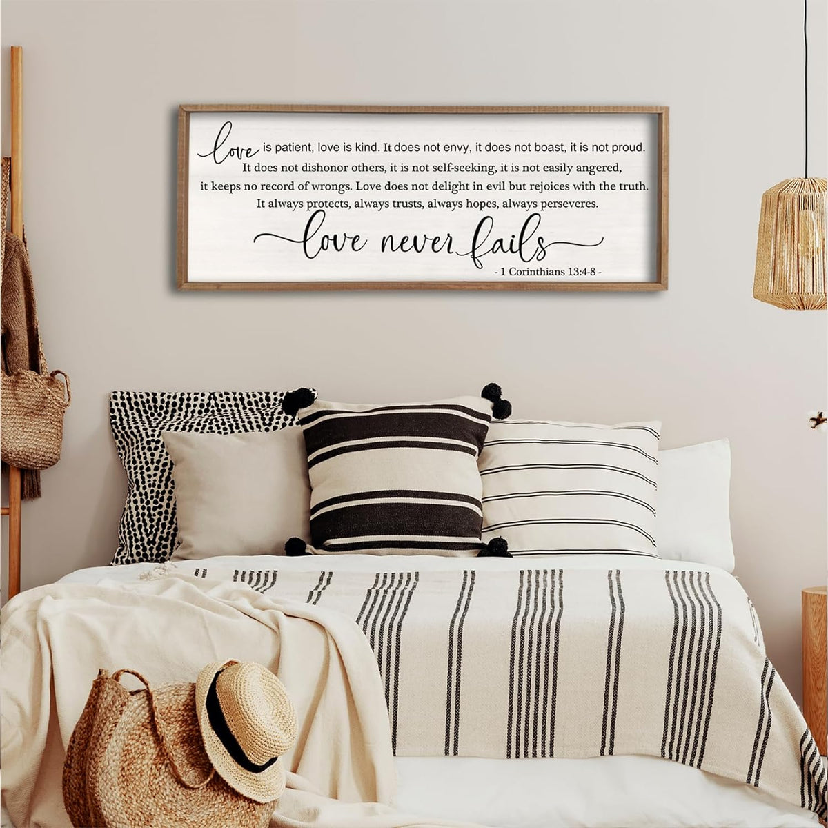 flowtorely Love is Patient, Kind Wall Art Decor 32"X12" Sign 1 Corinthians 13 Bedroom Above Bed Wall Decor Large Bible Verse Quote Scripture Christianity Hanging Sign (Wood)