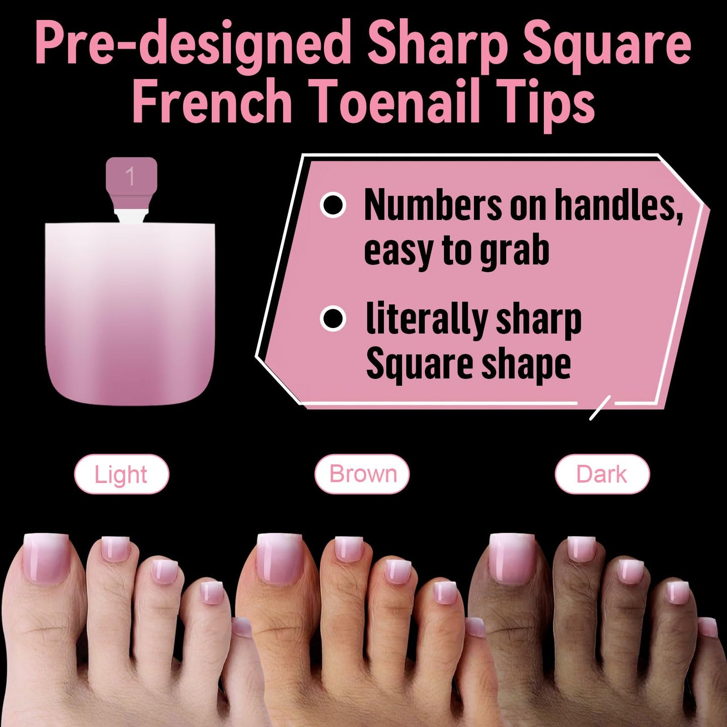 EBANKU French Tips Toe Press On Nails, 300 Pcs Sharp Square Pre-applied Primer & Base Coat Toe Nail Press Ons Light Ombre Pink Full Cover Fake Tips Extension, 15 Sizes