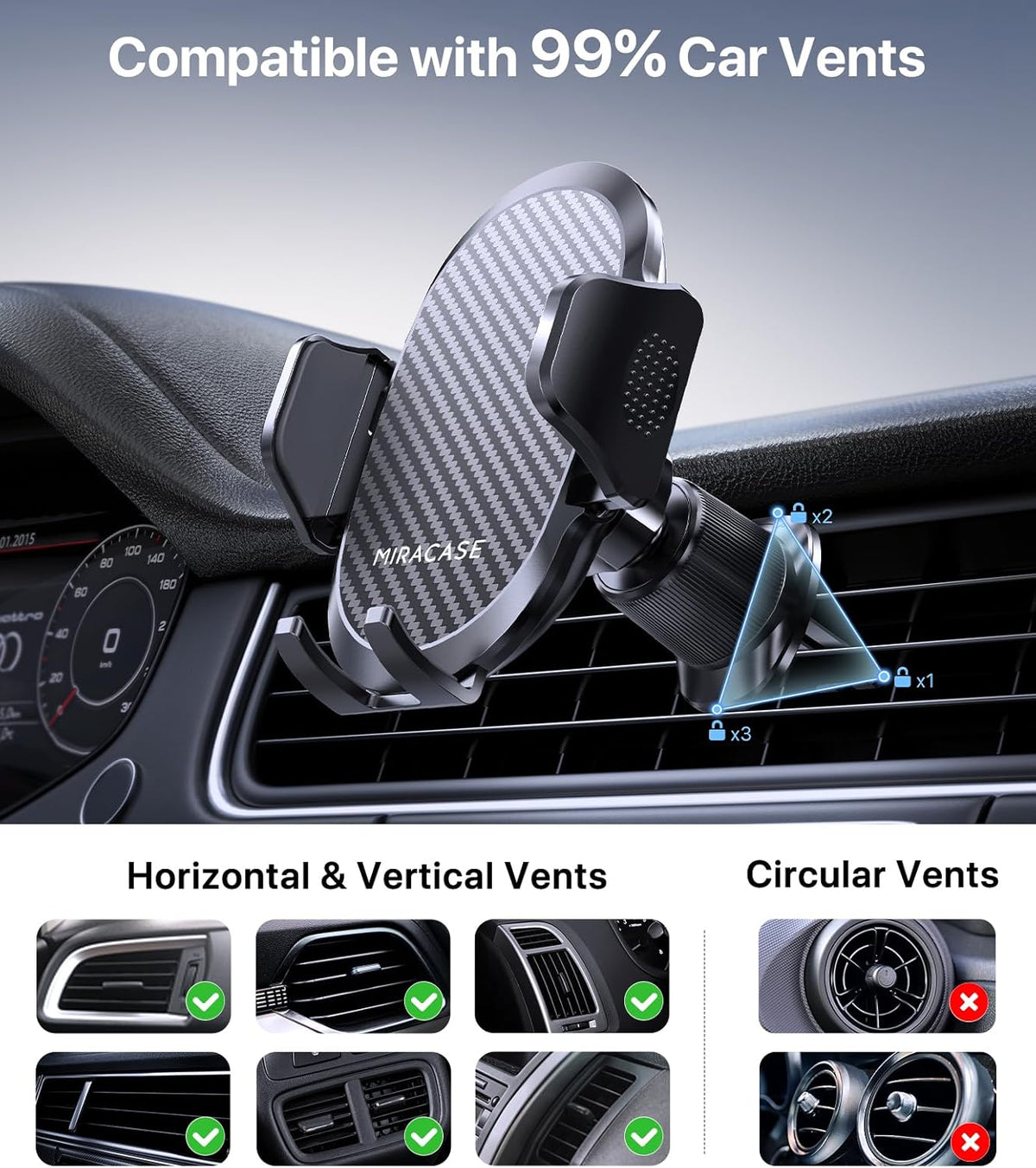 Miracase Phone Holders for Your Car, [Thick Case & Heavy Phone Friendly] Universal Cell Phone Car Mount, 3-in-1 Phone Mount for Car Dashboard Windshield Air Vent Fit for All Smartphones, Dark Grey