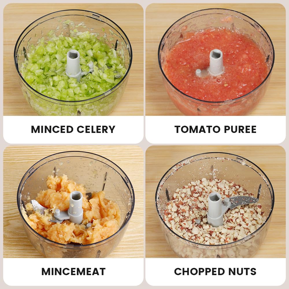 Manual Food Processor & Vegetable Chopper White - 2.3 Cup Mini Hand-Pull Cord Kitchen Chopper for Onion, Garlic, Vegetables with 3 Stainless Steel Blades