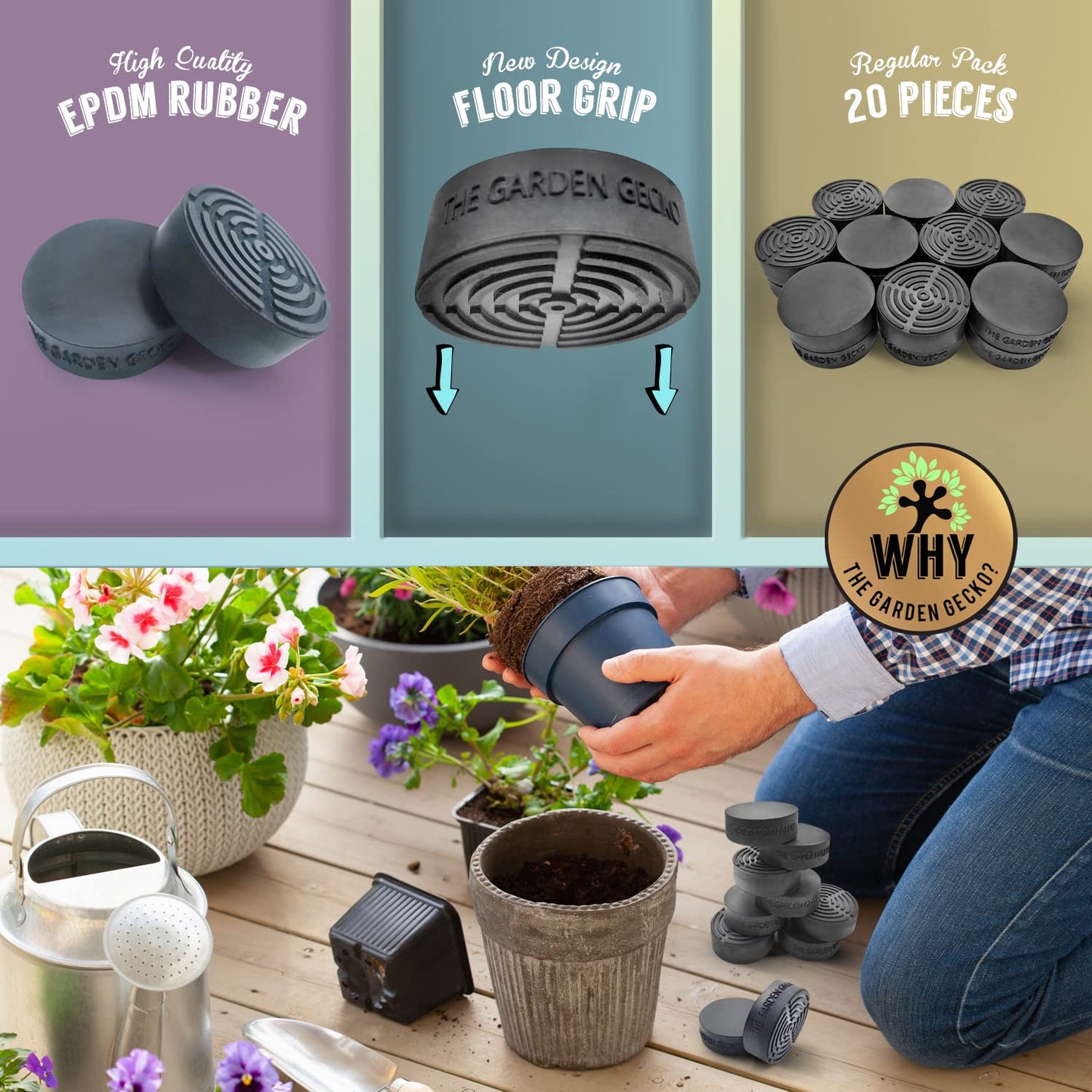 The Garden Gecko Invisible Pot feet for Outdoor Plant pots and Flowers. Solid Rubber Pot risers with Enhanced Grip | 20 Pack | Frosted Matte