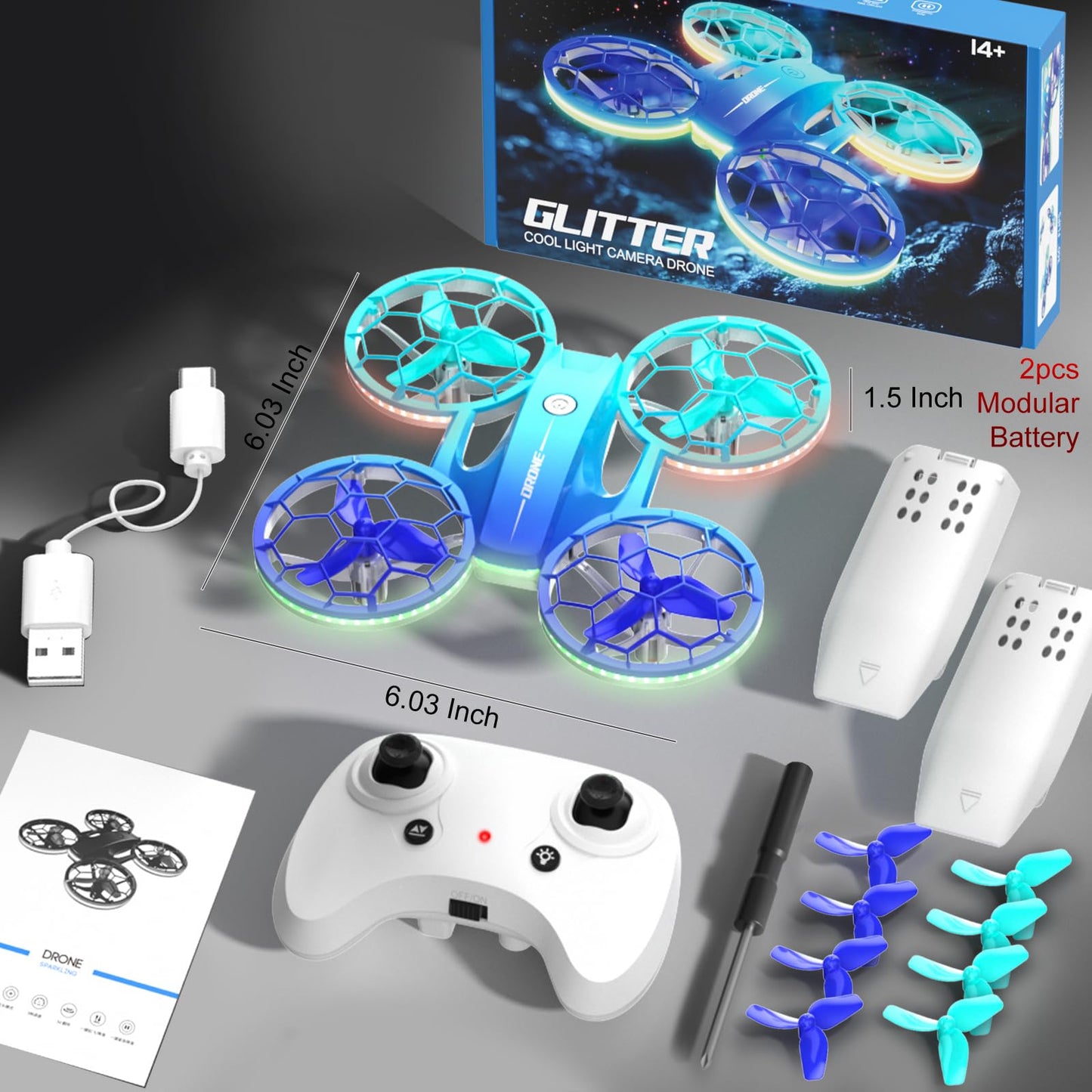 Drone for Kids and Beginners, Quadcopter Indoor Small with 2 Modular Batteries, 360° Flips, 3 Speeds, Auto Hover, LED Lights, Great Valentine‘s Day, Birthday Gift Toy for Boys and Girls
