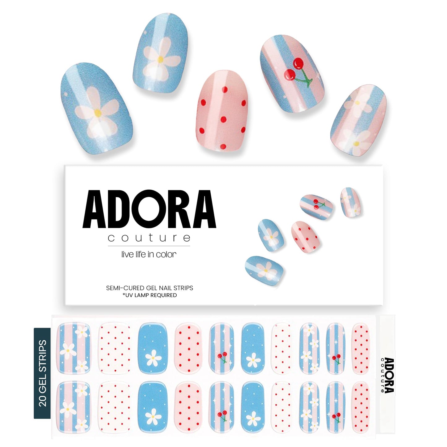 Adora Couture Semi Cured Gel Nail Strips with 20 Pieces - UV Gel Stickers, Manicure Kit, Easy Application Wraps Includes Prep Pads, Nail File, Wooden Stick - UV Light Required (Summer Joy)