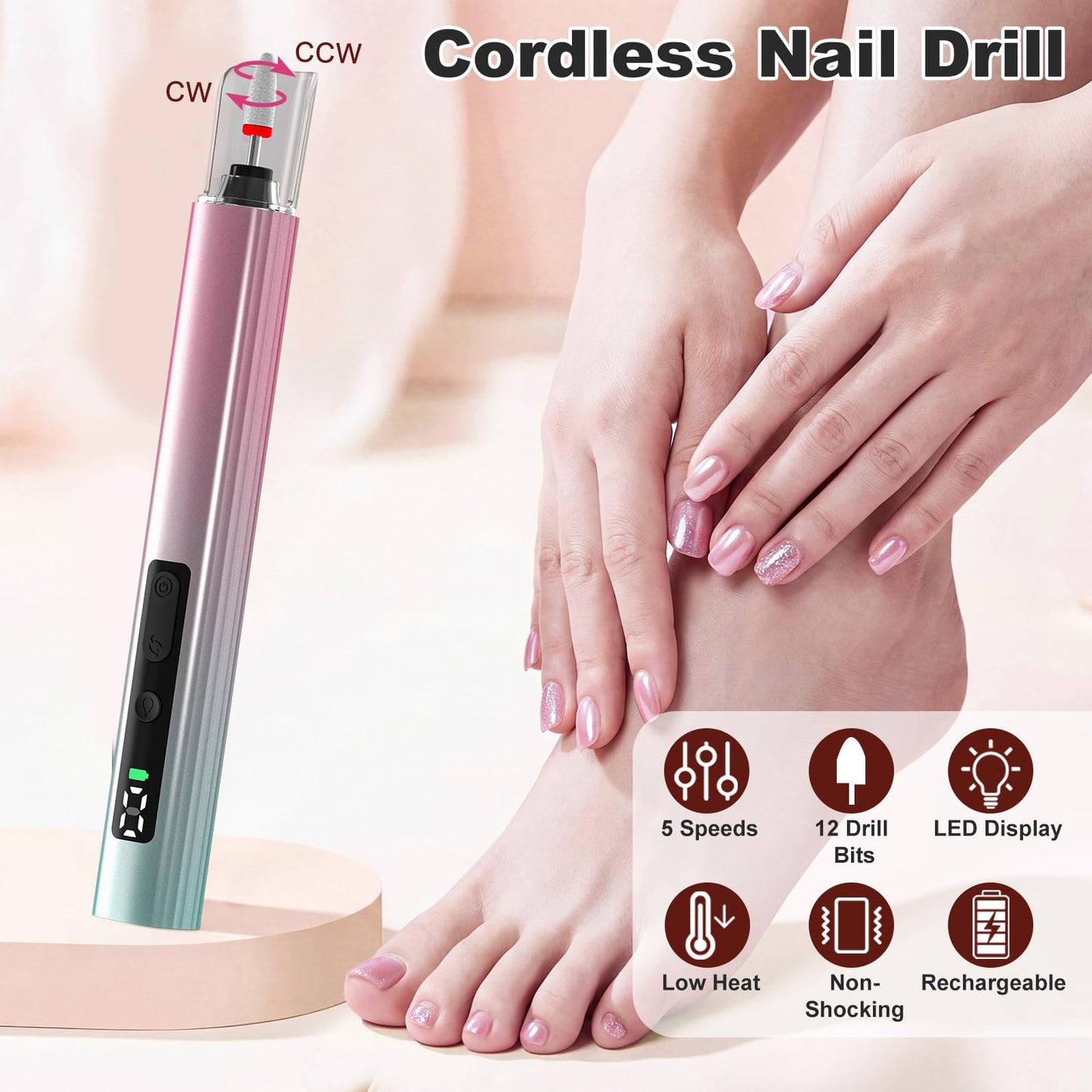 Bzone Cordless Electric Nail File Drill with UV Light Lamp, 5 Speed Rechargeable Portable Manicure and Pedicure Kit, for Human, Pet, Thick Toenails, Natural & Acrylic Nails Grey