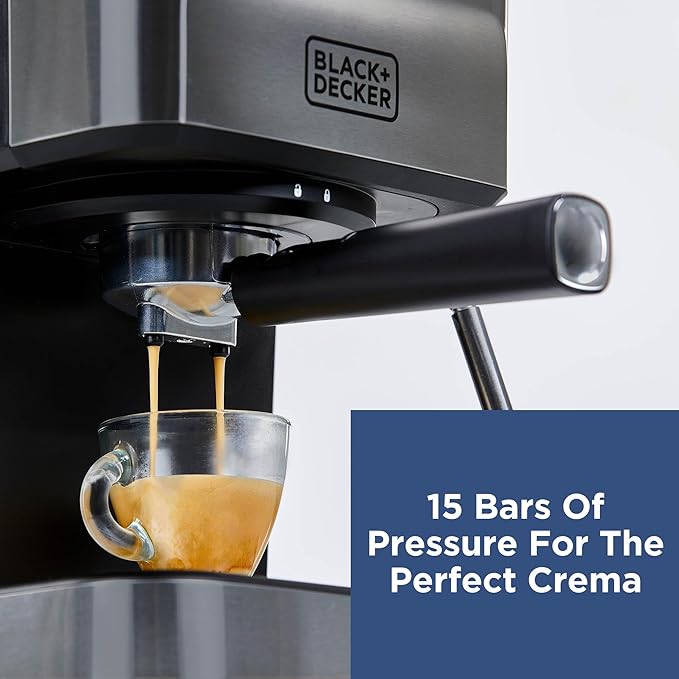 Black+Decker Semi-Automatic 15 Bar Espresso and Cappuccino Maker, Versatile Machine with Ability to use Grounds or ESE Pods to Make Your Perfect Cup of Coffee