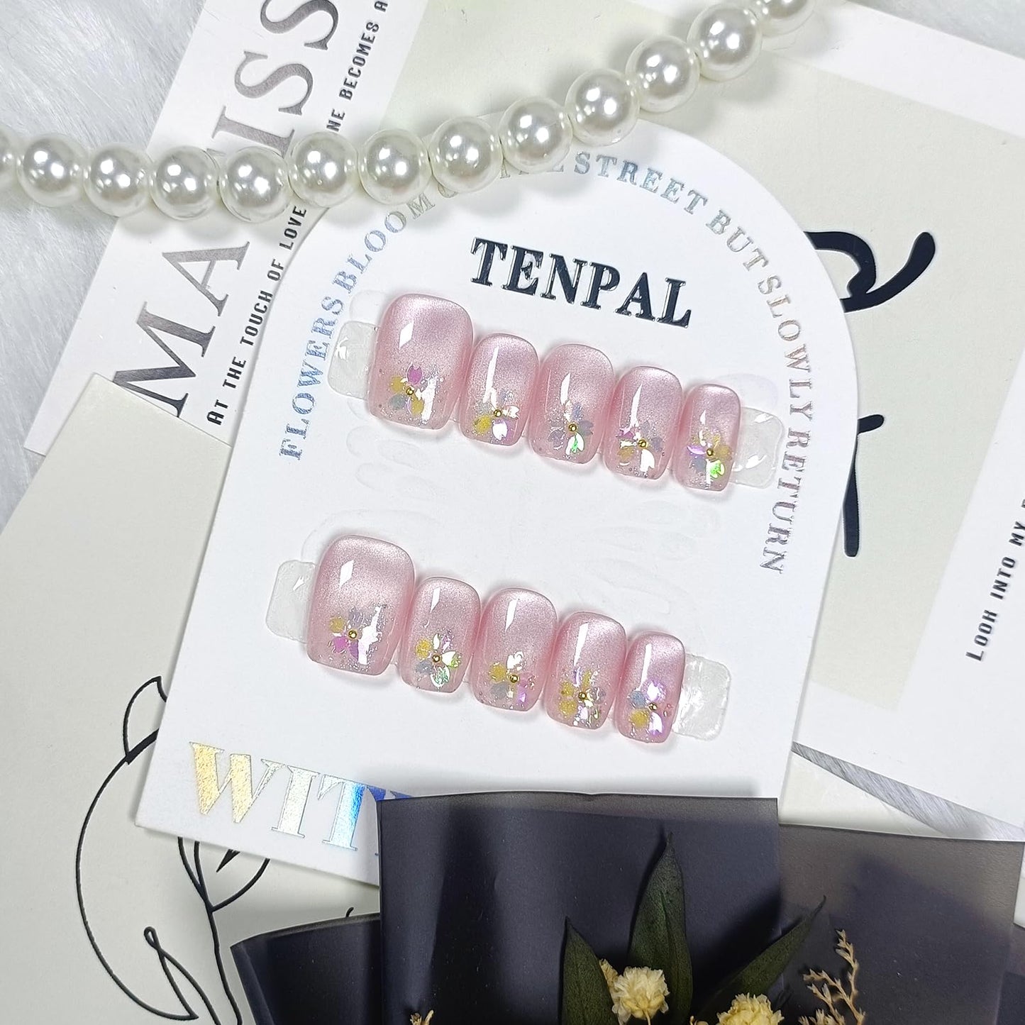 TENPAL Short Square Round Press On Nails handmade,Pink Gradient Cat Eye nails with Cherry Blossom Decor,Glitter Sweet Cute False nails, Reusable Fake Nails for Girls Daily Office, Easy Apply 10pcs M
