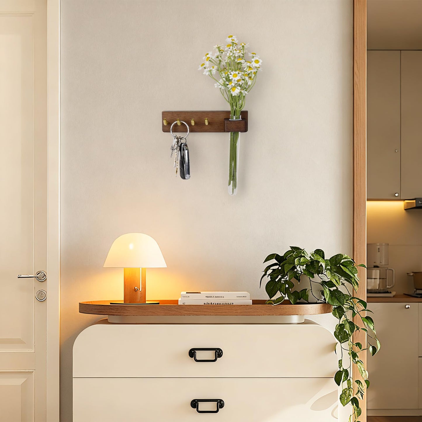LEIRUOTM Key Holder Wall Mount, Solid Wood Key Holder for Wall with Planter Tube & 4 Brass Hooks, Decorative Renter-Friendly Wall Key Rack Hanger for Entryway Kitchen Living Room Car Keys