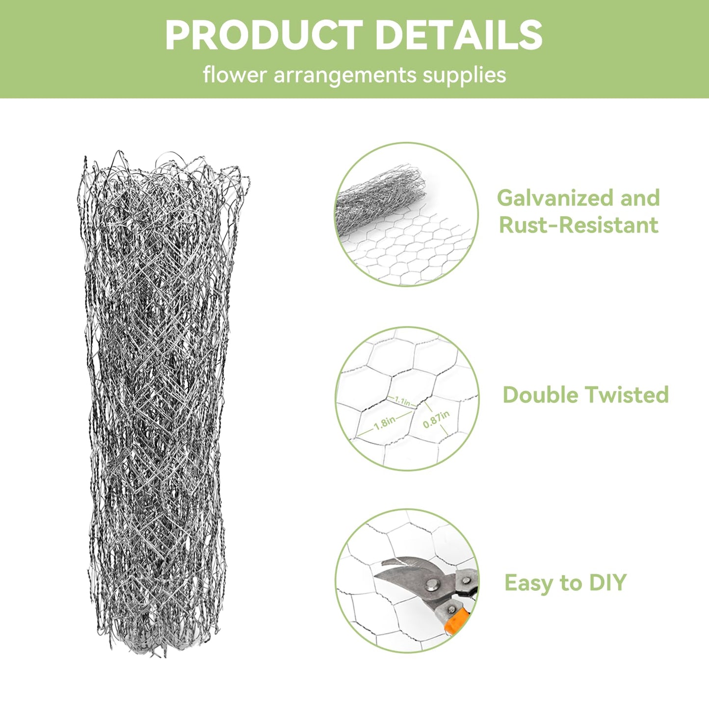 Floral Chicken Wire Flower Arrangement: 39 X 39 Inch Galvanized Chicken Wire Roll Bendable Vase Frog Mesh for Crafts DIY Grid Garden Florist Wedding Arch Holiday Christmas Thanksgiving Decorations