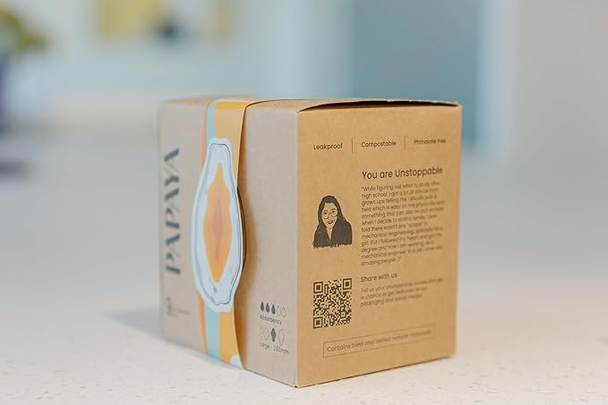 Papaya Safe and Compostable Menstrual Pads for Women - Pack of 2 Boxes (18 Pads), Combats Rashes and Odors, Biodegradable, Leakproof, No Fragrance, Wide, Soft Wings Large - 280mm x 75mm
